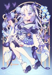 Rule 34 | 1girl, asymmetrical legwear, blue flower, blue kimono, blush, bow, breasts, bug, butterfly, cleavage, dress, fang, flower, frilled dress, frilled skirt, frills, gradient background, hair ornament, hairclip, hairpin, horns, hyou (pixiv3677917), insect, japanese clothes, kimono, long hair, long sleeves, looking at viewer, miko, nail polish, nontraditional miko, obi, off shoulder, open mouth, original, platform clogs, pointy ears, purple bow, purple butterfly, purple eyes, purple nails, purple theme, ribbon, ribbon-trimmed dress, sash, single horn, skirt, sleeves past fingers, sleeves past wrists, small breasts, smile, socks, solo, solo focus, striped, striped bow, teeth, thighhighs, upper teeth only, white socks, white thighhighs, wide sleeves