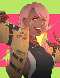 Rule 34 | 1girl, breasts, cropped jacket, cyberpunk, cyborg, fangs, jacket, koyorin, leotard, long hair, looking at viewer, mechanical hands, medium breasts, open clothes, open jacket, open mouth, original, pink hair, signature, symbol-shaped pupils, tongue, tongue out, two-tone background, upper body, yellow eyes