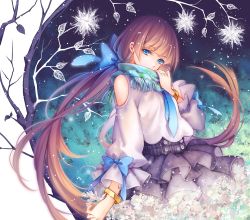 Rule 34 | 1girl, blue eyes, blue necktie, bow, brown hair, covered mouth, leaf, long hair, looking at viewer, necktie, original, scarf, solo, tidsean, tree, twintails, very long hair, wristband