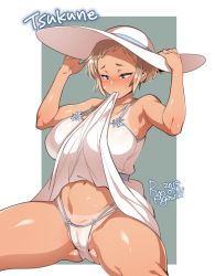 Rule 34 | 1girl, 2019, agawa ryou, bikini tan, blue eyes, blush, breasts, cameltoe, cleft of venus, clothes lift, dated, dress, dress lift, embarrassed, hat, large breasts, lifting own clothes, mouth hold, no bra, nose blush, original, outside border, panties, pantyshot, platinum blonde hair, presenting, self exposure, short hair, sitting, skirt, skirt lift, solo, spread legs, string panties, sun hat, sundress, tan, tani tsukune, tanline, thick thighs, thighs, underwear, very short hair, white panties