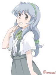 Rule 34 | 1girl, bow, bowtie, collared shirt, dress shirt, emuwai, finger to mouth, green bow, green bowtie, green hairband, green scrunchie, grey eyes, grey hair, grey skirt, hair ornament, hair scrunchie, hairband, kantai collection, long hair, low-tied long hair, one-hour drawing challenge, plaid, plaid bow, plaid bowtie, pleated skirt, scrunchie, shirt, simple background, skirt, smile, solo, suspender skirt, suspenders, twitter username, white background, white shirt, yamagumo (kancolle)
