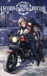 Rule 34 | 2girls, black gloves, black hair, blonde hair, can, closed mouth, coat, full body, gloves, hair between eyes, helmet, highres, holding, holding can, inoue takina, jacket, long hair, lycoris recoil, merry christmas, motor vehicle, motorcycle, motorcycle helmet, multiple girls, neko (yanshoujie), night, nishikigi chisato, open clothes, open coat, open jacket, outdoors, pants, parted lips, red eyes, red scarf, riding, scarf, shoes, short hair, smile, snow, snowing