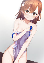 Rule 34 | 1girl, breasts, brown eyes, brown hair, closed mouth, collarbone, competition swimsuit, completely nude, covering privates, cowboy shot, female focus, flower, gluteal fold, grey background, grey one-piece swimsuit, hair flower, hair ornament, looking at viewer, minutachi, misaka mikoto, nude, nude cover, one-piece swimsuit, short hair, simple background, small breasts, solo, swimsuit, unworn swimsuit, toaru kagaku no railgun, toaru majutsu no index, white flower