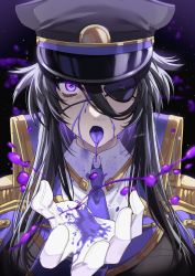 Rule 34 | 1girl, absurdres, black hair, eyebrows hidden by hair, eyepatch, gloves, hair between eyes, hat, highres, long hair, looking at viewer, military, military hat, military uniform, open mouth, original, purple eyes, reaching, reaching towards viewer, saliva, saliva trail, solo, tatsuma daisuke, tongue, tongue out, uniform, white gloves