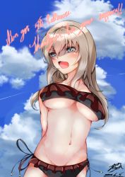 Rule 34 | 10s, 1girl, absurdres, angry, arms behind back, artist name, bad id, bad pixiv id, bikini, black bikini, blue eyes, blush, breasts, brown hair, cloud, cloudy sky, commentary request, contrail, cursive, dated, day, english text, frilled bikini, frills, girls und panzer, highres, itsumi erika, large breasts, long hair, looking at viewer, milestone celebration, murata ryou, navel, open mouth, side-tie bikini bottom, signature, sky, solo, standing, swimsuit, underboob, upper body, v-shaped eyebrows, wavy mouth