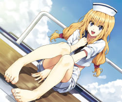 Rule 34 | 1girl, :d, barefoot, between legs, blonde hair, blue eyes, dutch angle, feet, foot focus, hand between legs, hat, long hair, luna (reclaimed land), midriff, open mouth, original, sailor, sailor hat, shorts, sitting, smile, solo, toenails, toes, twintails
