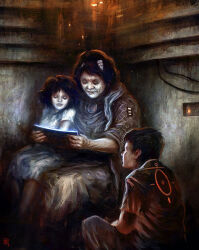 Rule 34 | 1boy, 2girls, black hair, cable, child, commentary, dark, dress, eve online, feet out of frame, glowing, grandma, grandmother and granddaughter, grandmother and grandson, holding, holding tablet pc, indoors, lips, medium hair, michelkoch, multiple girls, nose, old, old woman, original, realistic, science fiction, short hair, short sleeves, sitting, sitting on lap, sitting on person, tablet pc, white dress