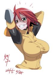 Rule 34 | 10s, 1girl, 2016, ahoge, armpits, arms behind head, bad id, bad pixiv id, breasts, dated, green eyes, grin, heterochromia, highres, kagiyama (clave), large breasts, monster girl, monster musume no iru nichijou, red hair, sharp teeth, signature, simple background, smile, solo, stitches, teeth, uniform, upper body, white background, yellow eyes, zombie, zombina (monster musume)