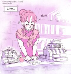 Rule 34 | 1girl, apple, artist name, banknote, box, bracelet, breasts, cash register, chi-chi (dragon ball), china dress, chinese clothes, closed eyes, commentary, dragon ball, dragonball z, dress, earrings, english commentary, english text, food, frown, fruit, hair bun, highres, jewelry, limited palette, medium breasts, money, neckerchief, pink theme, shop, side slit, single hair bun, solo, sweatdrop, upper body, v-shaped eyebrows, whirlydoodle