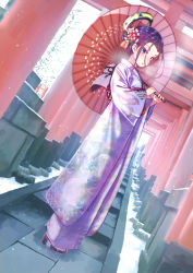 Rule 34 | 10s, 1girl, alternate hairstyle, blush, breath, carrying over shoulder, colored eyelashes, dragon print, dutch angle, eyelashes, floral print, flower, from side, full body, furisode, hair between eyes, hair flower, hair ornament, hair up, halo, highres, holding, holding umbrella, japanese clothes, kantai collection, kimono, long sleeves, looking at viewer, mechanical halo, mocha, multiple torii, new year, obi, oil-paper umbrella, outdoors, parted lips, print kimono, purple eyes, purple hair, revision, sandals, sash, seigaiha, snow, snowing, socks, solo, stairs, standing, tabi, tassel, tatsuta (kancolle), torii, tree, umbrella, white socks, wide sleeves, zouri