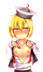 Rule 34 | 1girl, belt, blonde hair, blush, breasts, brown eyes, collar, crescent, female focus, hat, kazetto, looking at viewer, lunasa prismriver, nipples, open clothes, open shirt, shirt, short hair, simple background, small breasts, solo, touhou, undressing, upper body, white background