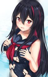 Rule 34 | 1girl, absurdres, anemone (anemone-re), black hair, blush, breasts, colored inner hair, covered navel, dissolving clothes, embarrassed, genderswap, genderswap (mtf), hair between eyes, hand on own chest, highres, long hair, looking at viewer, medium breasts, multicolored hair, neckerchief, open mouth, pink hair, red eyes, red neckerchief, ren (witch&#039;s weapon), school swimsuit, shadow, simple background, solo, star (symbol), swimsuit, upper body, very long hair, witch&#039;s weapon