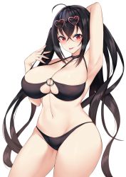 Rule 34 | 1girl, ahoge, arm behind head, arm up, armpits, azur lane, bikini, black bikini, black hair, blush, breasts, collarbone, cosplay, cowboy shot, crossed bangs, eyelashes, eyewear on head, groin, hair between eyes, hand up, heart, heart-shaped eyewear, heavy breathing, kuavera, large breasts, long hair, looking at viewer, navel, o-ring, o-ring top, red eyes, simple background, sirius (azur lane), sirius (azur lane) (cosplay), sirius (scorching-hot seirios) (azur lane), skindentation, solo, sunglasses, sunglasses on head, swimsuit, taihou (azur lane), thick thighs, thighs, tongue, tongue out, twintails, very long hair, white background