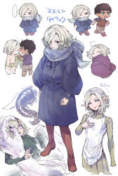 Rule 34 | 2boys, armor, bags under eyes, barefoot, black hair, black nails, blanket, blonde hair, blue coat, blue eyes, boots, braid, chibi, coat, dark-skinned male, dark skin, demon, demon horns, dressing another, dungeon meshi, ears down, elf, closed eyes, grey eyes, grey hair, hand on another&#039;s head, highres, holding hands, horns, kabru, long sleeves, looking at another, looking at viewer, male focus, mithrun, multiple boys, nail polish, notched ear, one eye closed, pants, pointy ears, profile, projected inset, puffy long sleeves, puffy sleeves, scar, scar on arm, scar on chest, scar on leg, scared, short hair, size difference, sleeping, solo focus, soy (pichupppkon), spoilers, standing, sweat, topless male, under covers