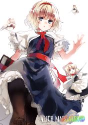 Rule 34 | 1girl, alice margatroid, black pantyhose, blonde hair, blue dress, blue eyes, book, capelet, character name, cowboy shot, dress, from below, grimoire of alice, hairband, holding, holding book, ken (coffee michikusa), looking at viewer, looking down, neck ribbon, pantyhose, red hairband, red ribbon, ribbon, sash, shanghai doll, short hair, solo, touhou