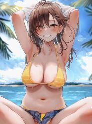 Rule 34 | 1girl, armpits, arms up, bikini, bikini under clothes, blue sky, blush, breasts, brown eyes, brown hair, cleavage, commentary request, day, denim, denim shorts, grin, hair over one eye, half-closed eyes, highres, large breasts, long hair, looking ahead, looking at viewer, navel, nekomugiharu, open fly, original, outdoors, paid reward available, palm tree, short shorts, shorts, sitting, sky, smile, solo, straight-on, swimsuit, tree, undressing, wet, yellow bikini