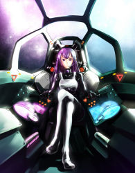 Rule 34 | absurdres, astro plan, boots, cockpit, crossed legs, galaxy, headset, highres, hime cut, koenigsegg, long hair, mecha, pilot suit, purple hair, robot, science fiction, sitting, solo, space, star (sky), vest, yf-11, zijing