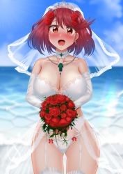 Rule 34 | 1girl, absurdres, bouquet, breasts, bridal lingerie, bridal veil, bride, chest jewel, commission, dress, elbow gloves, flower, gloves, highres, holding, holding bouquet, ii tea, large breasts, lingerie, pixiv commission, pyra (xenoblade), red eyes, red hair, short hair, solo, swept bangs, underwear, veil, wedding, wedding dress, xenoblade chronicles (series), xenoblade chronicles 2
