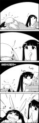 Rule 34 | 4koma, :x, = =, ?, animal, animal ears, animal on face, animal on head, rabbit, rabbit ears, rabbit on head, comic, commentary request, cutting, emphasis lines, fake animal ears, greyscale, highres, houraisan kaguya, long hair, long sleeves, lying, monochrome, on head, paper, scissors, smile, sweat, table, tani takeshi, touhou, translation request, very long hair, wide sleeves, yukkuri shiteitte ne
