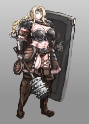 Rule 34 | 1girl, abs, absurdres, armor, belt, belt buckle, bikini, blonde hair, boots, breasts, buckle, buckler, commentary request, crotchless, frown, gauntlets, headband, highres, holding, holding weapon, large breasts, long hair, looking at viewer, mace, muscular, muscular female, navel, original, panties, ponytail, scarf, shield, shoulder armor, simple background, skirt, solo, standing, stomach, swimsuit, tower shield, udetamago, underwear, weapon, yellow eyes