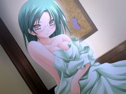 Rule 34 | 1girl, angel breath, aqua hair, bed, blanket, blush, breasts, breasts squeezed together, brown eyes, cleavage, dutch angle, embarrassed, game cg, glasses, green hair, hair ornament, hairclip, indoors, kantoku, large breasts, long hair, looking at viewer, morisato chika, nanami ayane, parted bangs, photo (object), sitting, solo, source request, swept bangs, takanae kyourin, topless