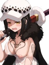 Rule 34 | 1girl, black hair, blush, breasts, cape, chest tattoo, cleavage, covered erect nipples, denim, earrings, embarrassed, fur cape, genderswap, genderswap (mtf), hat, highres, jeans, jewelry, katana, large breasts, looking at viewer, no bra, one breast out, one piece, pants, see-through, short hair, solo, sword, tank top, tattoo, trafalgar law, weapon, yellow eyes, yi s (yi sasit7243)