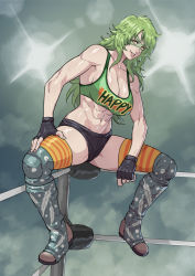 Rule 34 | 1girl, abs, absurdres, alternate costume, black gloves, boots, breasts, cirenk, cleavage, female focus, fingerless gloves, gloves, green hair, highres, large breasts, long hair, looking at viewer, midriff, monet (one piece), muscular, muscular female, navel, one piece, parted lips, sitting, smile, solo, stomach, striped clothes, striped thighhighs, thighhighs, thighhighs under boots, trunks, wrestling ring, yellow eyes