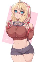 Rule 34 | 1girl, banned artist, black shorts, blonde hair, blue eyes, breasts, character request, commentary request, copyright request, cowboy shot, crop top, cropped jacket, cutoffs, glasses, groin, highres, hood, hooded jacket, jacket, large breasts, long hair, looking at viewer, midriff, navel, parted lips, red-framed eyewear, red jacket, shimizu akina, short shorts, shorts, solo, standing, stomach, thighs, white background