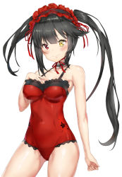 Rule 34 | 1girl, absurdres, adapted costume, bare arms, bare shoulders, black hair, breasts, casual one-piece swimsuit, choker, clock eyes, collarbone, covered navel, cowboy shot, date a live, frilled swimsuit, frills, gothic lolita, hairband, heterochromia, highres, lolita fashion, lolita hairband, looking at viewer, medium breasts, one-piece swimsuit, pixel (yuxian), red eyes, red one-piece swimsuit, simple background, smile, solo, swimsuit, symbol-shaped pupils, thighs, tokisaki kurumi, twintails, white background, yellow eyes