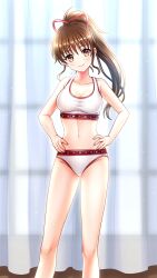 Rule 34 | 1girl, backlighting, bare arms, bare legs, blush, bra, breasts, brown eyes, brown hair, cleavage, closed mouth, collarbone, curtains, doukyuusei, doukyuusei another world, feet out of frame, floating hair, game cg, hair ribbon, hands on own hips, head tilt, high ponytail, long hair, looking at viewer, medium breasts, navel, panties, red ribbon, ribbon, smile, solo, sports bra, standing, tanaka misa, underwear, underwear only, white bra, white panties