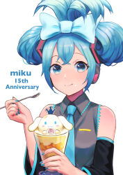 Rule 34 | 1girl, anniversary, blue eyes, blue hair, blush, bow, character food, character name, cinnamiku, cinnamoroll, collared shirt, detached sleeves, eating, food, food on face, hair bow, hair ornament, hatsune miku, headphones, highres, holding, holding food, holding spoon, ilikegoya, long hair, long sleeves, looking at viewer, nail polish, necktie, parfait, sanrio, shirt, sleeveless, sleeveless shirt, smile, solo, spoon, updo, upper body, vocaloid