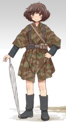 Rule 34 | 10s, 1girl, akiyama yukari, belt, black footwear, black shirt, boots, brown eyes, brown hair, camouflage, closed mouth, coat, full body, girls und panzer, gradient background, hand on own hip, holding, holding umbrella, long sleeves, looking at viewer, messy hair, poncho, shirt, short hair, smile, solo, standing, tactical clothes, umbrella, uona telepin, utility belt, white umbrella