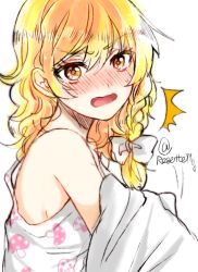 Rule 34 | 1girl, ^^^, artist name, bad id, bad pixiv id, blonde hair, blush, bow, braid, dressing, embarrassed, food print, from side, hair bow, kirisame marisa, long hair, mushroom, no headwear, open mouth, rosette (roze-ko), simple background, sketch, solo, touhou, twitter username, upper body, wavy mouth, white background, yellow eyes