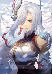 Rule 34 | 1girl, absurdres, allenerie, bare shoulders, blue eyes, braid, breasts, commentary, detached sleeves, genshin impact, hair ornament, hair over one eye, highres, long braid, looking at viewer, medium breasts, parted lips, shenhe (genshin impact), single braid, solo, white hair