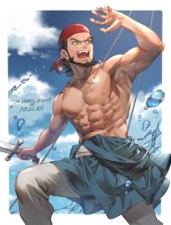Rule 34 | 1boy, abs, akakokko (niro azarashi), armpits, arslan senki, bandana, bara, beard, blue eyes, character request, clothes down, dark-skinned male, dark skin, facial hair, feet out of frame, holding, holding sword, holding weapon, male focus, mature male, muscular, muscular male, navel, nipples, pants, pectorals, pirate, red headwear, short hair, solo, stomach, sword, topless male, water drop, weapon, white pants