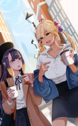 Rule 34 | 2girls, absurdres, blonde hair, blue eyes, coat, coffee cup, contemporary, cup, dark-skinned female, dark skin, disposable cup, dress shirt, highres, holding, holding cup, hololive, hololive english, long hair, lucferz, mole, mole under eye, multiple girls, ninomae ina&#039;nis, off shoulder, open mouth, pencil skirt, pointing, purple hair, shirt, skirt, tsukumo sana, twintails, v-shaped eyebrows, virtual youtuber, yellow eyes