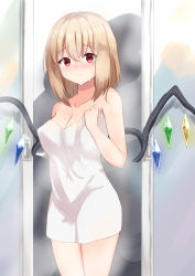 Rule 34 | 1girl, bare arms, bare shoulders, blonde hair, blush, breasts, cleavage, collarbone, commentary request, cowboy shot, crystal, flandre scarlet, hair between eyes, hair down, hand up, highres, kaeremu, large breasts, looking at viewer, naked towel, no headwear, nose blush, red eyes, short hair, solo, standing, thighs, touhou, towel, wings