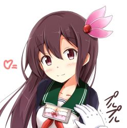 Rule 34 | 10s, 1girl, aikawa ryou, blush, bow, bow bra, bra, brown hair, cellphone, commentary request, gloves, hair ornament, kantai collection, kisaragi (kancolle), kisaragi kai ni (kancolle), long hair, looking at viewer, phone, purple eyes, school uniform, smile, solo, tawawa challenge, underwear, upper body, white background