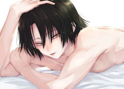 Rule 34 | 1boy, black hair, commentary request, feitan portor, hair over one eye, hand on own head, highres, hunter x hunter, looking at viewer, male focus, nude, on bed, pectoral cleavage, pectorals, shiroabe, short hair, solo, toned, toned male, yellow eyes