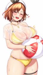 Rule 34 | 1girl, :d, anisdrawn, artist name, atelier (series), atelier ryza, ball, beachball, beret, bikini, bow, bracelet, braid, breasts, brown hair, cleavage, closed eyes, commentary, facing viewer, hat, hat bow, heart, highres, holding, holding ball, holding beachball, jewelry, large breasts, open mouth, reisalin stout, see-through, see-through shirt, shirt, short hair, smile, solo, swimsuit, thigh strap, wet, white background, white hat, white shirt, yellow bikini
