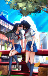 2girls absurdres after_kiss bag black-footed_cat black_hair blue_eyes blue_sailor_collar blue_skirt blue_sky blue_socks blurry blurry_background city cloud commentary day english_commentary falling_leaves green_eyes green_tea highres holding_hands kneehighs leaf loafers long_hair medium_hair multiple_girls original outdoors parted_lips pleated_skirt red_lips sailor_collar saliva saliva_trail school_bag school_uniform serafuku shirt shoes short_sleeves skirt sky socks tea tears tofufuyu0112 twitter_username white_shirt yuri