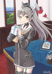 Rule 34 | 10s, 1girl, amatsukaze (kancolle), artist name, bad id, bad pixiv id, barrel, blue ribbon, chibi, choker, cowboy shot, dress, garter straps, gift, grey hair, hair tubes, hairband, hat, highres, holding, holding gift, indoors, kantai collection, long hair, long sleeves, looking at viewer, meta, mini hat, one eye closed, retorillo, ribbon, sailor dress, short dress, smile, solo, standing, stylus, table, tablecloth, tablet pc, thighhighs, two side up, white day, window, yellow eyes, zettai ryouiki