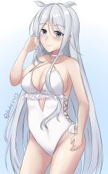 Rule 34 | 1girl, alternate hairstyle, breasts, casual one-piece swimsuit, choker, commentary, cosplay, english commentary, frilled one-piece swimsuit, frills, grey eyes, grey hair, hair down, hair flaps, highres, kantai collection, large breasts, mole, mole under eye, one-piece swimsuit, sagiri (kancolle), sagiri (kancolle) (cosplay), shidas0459, side-tie swimsuit, solo, standing, swimsuit, umikaze (kancolle), umikaze kai ni (kancolle), white choker, white one-piece swimsuit