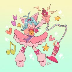 Rule 34 | &gt; &lt;, 1girl, animal ear fluff, animal ears, animal hands, antenna hair, belt, blue hair, blush stickers, cat ears, cat feet, cat paws, clenched hand, commentary, dress, english commentary, full body, gradient background, kitchupsandwich, long sleeves, magical girl, microphone, music, musical note, nhk ni youkoso!, open mouth, pink dress, purple belt, pururin (nhk), robotic vacuum cleaner, signature, singing, star (symbol), white footwear