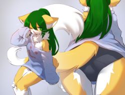 Rule 34 | 1girl, animal ears, animal hands, ass, blush, cat ears, cat paws, cat tail, furry, furry female, green eyes, green hair, long hair, long sleeves, looking at viewer, multiple views, one eye closed, original, parted lips, sleepy, sleeves past wrists, sollyz, sweater, tail, very long hair, whiskers