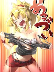 Rule 34 | 1girl, ^ ^, artist name, bandeau, barefoot, belt, black belt, black panties, black shirt, blonde hair, braid, closed eyes, collarbone, commentary request, cowboy shot, crop top, fang, fate/apocrypha, fate (series), hair ornament, hair scrunchie, highleg, highleg panties, long hair, midriff, miniskirt, mordred (fate), mordred (fate/apocrypha), multicolored background, navel, orange background, panties, pencil skirt, ponytail, red background, red scrunchie, red skirt, scrunchie, shirt, short sleeves, sidelocks, skirt, solo, standing, strapless, tearing clothes, thighs, torn clothes, torn shirt, translation request, twitter username, tyone, underwear, yellow background