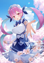 Rule 34 | 1girl, absurdres, anchor symbol, blue bow, blue sky, blurry, blurry background, bow, breasts, cherry blossoms, cloud, colored inner hair, dress, frilled dress, frills, hair bow, highres, hololive, large breasts, maid, maid headdress, medium breasts, minato aqua, minato aqua (1st costume), multicolored hair, open mouth, outstretched hand, purple eyes, purple hair, sky, streaked hair, twintails, two-tone dress, virtual youtuber, white bow, zen (lemon yellow)
