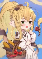 Rule 34 | 1girl, :d, ahoge, basket, blonde hair, blue background, blush, bow, braid, brown bow, commentary request, corn, dress, granblue fantasy, green eyes, hair between eyes, hair bow, hair intakes, hand up, harvin, high ponytail, highres, long hair, long sleeves, looking at viewer, melissabelle, open mouth, pointy ears, ponytail, prehensile hair, puffy long sleeves, puffy sleeves, sidelocks, simple background, smile, solo, uneg, very long hair, white dress