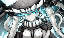 Rule 34 | 1girl, abyssal ship, black cape, black gloves, blue eyes, breasts, cape, commentary request, frown, gloves, glowing, glowing eyes, grey hair, hat, head tilt, highres, kantai collection, looking at viewer, medium breasts, pale skin, short hair with long locks, solo, tekudai, tentacles, upper body, wo-class aircraft carrier