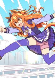 Rule 34 | 1girl, animal ears, black bow, blue sky, bow, brown footwear, clenched hand, cloud, cloudy sky, commentary request, ear bow, feet out of frame, highres, horse ears, horse tail, long hair, mayano top gun (umamusume), open mouth, orange eyes, orange hair, outdoors, pleated skirt, purple shirt, purple shorts, purple skirt, purple thighhighs, sailor collar, school uniform, shirt, shorts, skirt, sky, smile, solo, sun, tail, teeth, thighhighs, tracen school uniform, two side up, umamusume, upper teeth only, wahiko (black bastard), white bow, winter uniform